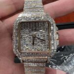 Cartier Santos Baguette Moissanite Diamond Men Watch, Stainless Steel Rose Gold Plated Men Watch For Birthday Gift (1)